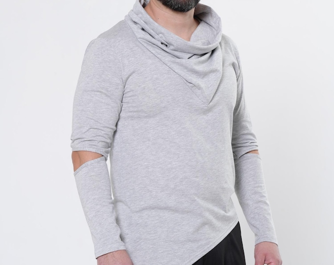 Men’s Scarf Neck Top with Sleeve Cutouts In Gray - Asymmetrical Long Sleeve Tee METMT0012
