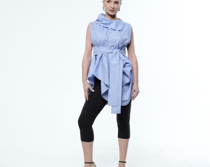 Draped Belted Top In Blue / Extravagant Waist Belted Tunic  METWB012
