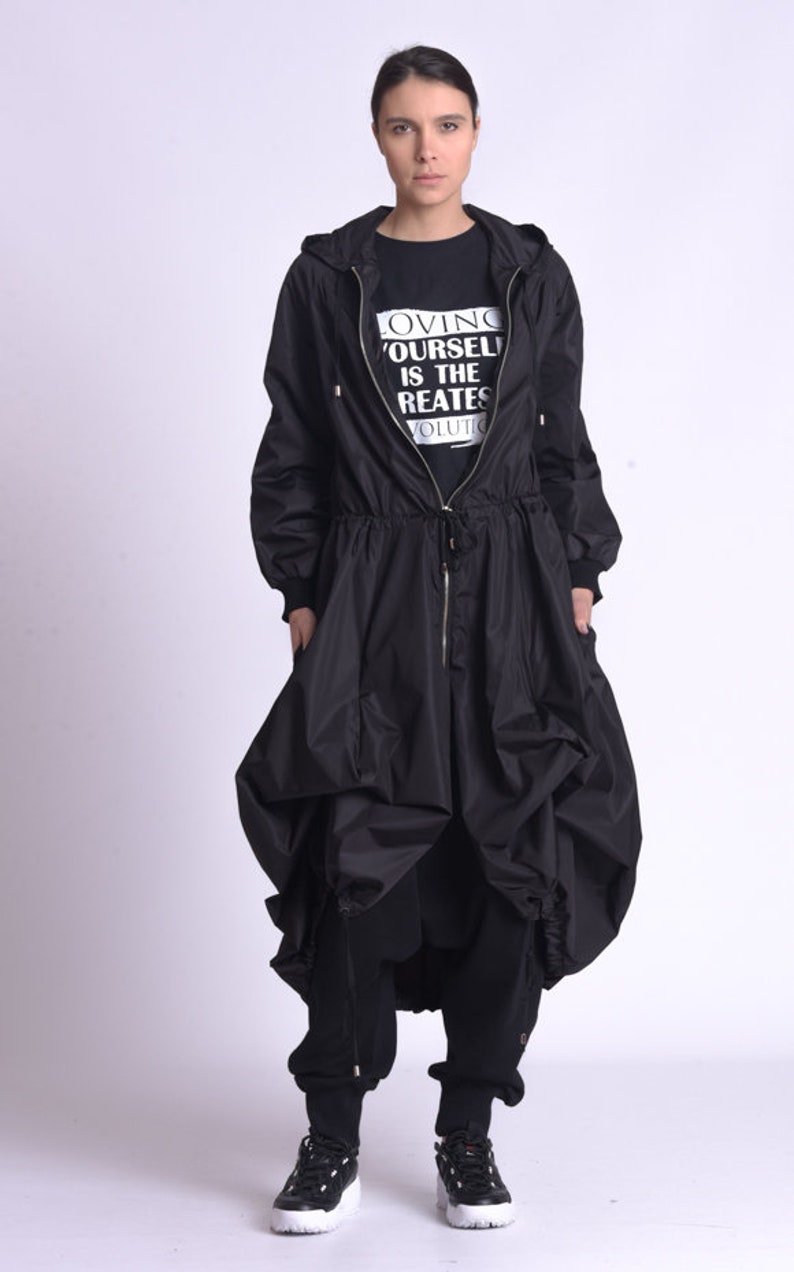 Black Long Raincoat / Hooded Raincoat Women / Oversize Jacket / Plus Size Clothing image 8