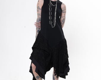 Sleeveless Dress With Distressed Organza- Asymmetric Black Dress - METT0299