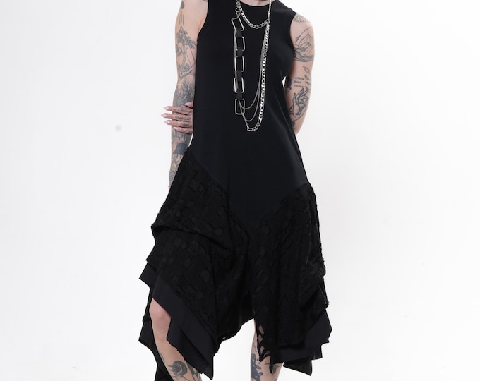 Sleeveless Dress With Distressed Organza- Asymmetric Black Dress - METT0299