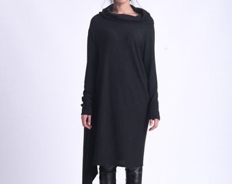 Asymmetric Maxi Tunic/Everyday Black Turtleneck Tunic/Plus Size Oversize Top/Loose Long Sleeve Tunic/Casual Black Knitted Top METT0178