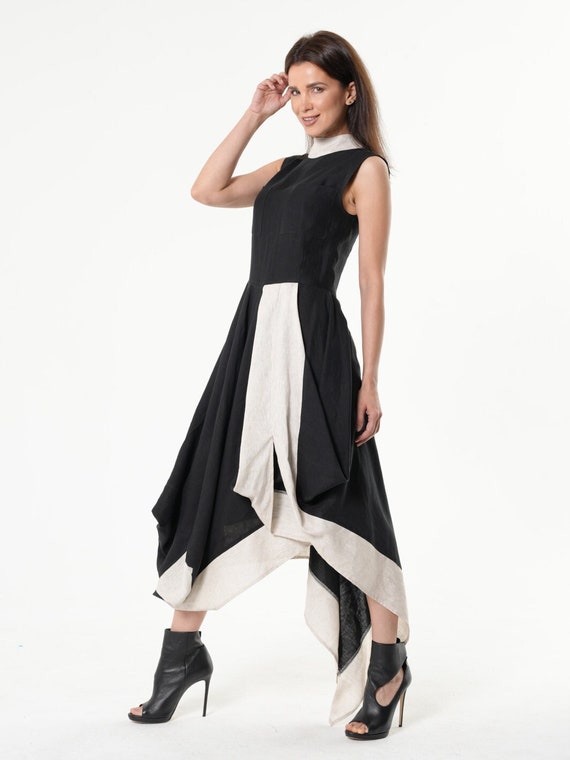 Long Linen Dress In Black and Beige - METD0218