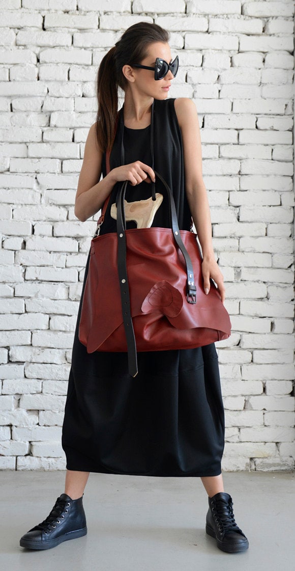 Maxi Red Genuine Leather Bag/Large Tote Bag/Extravagant Belt | Etsy