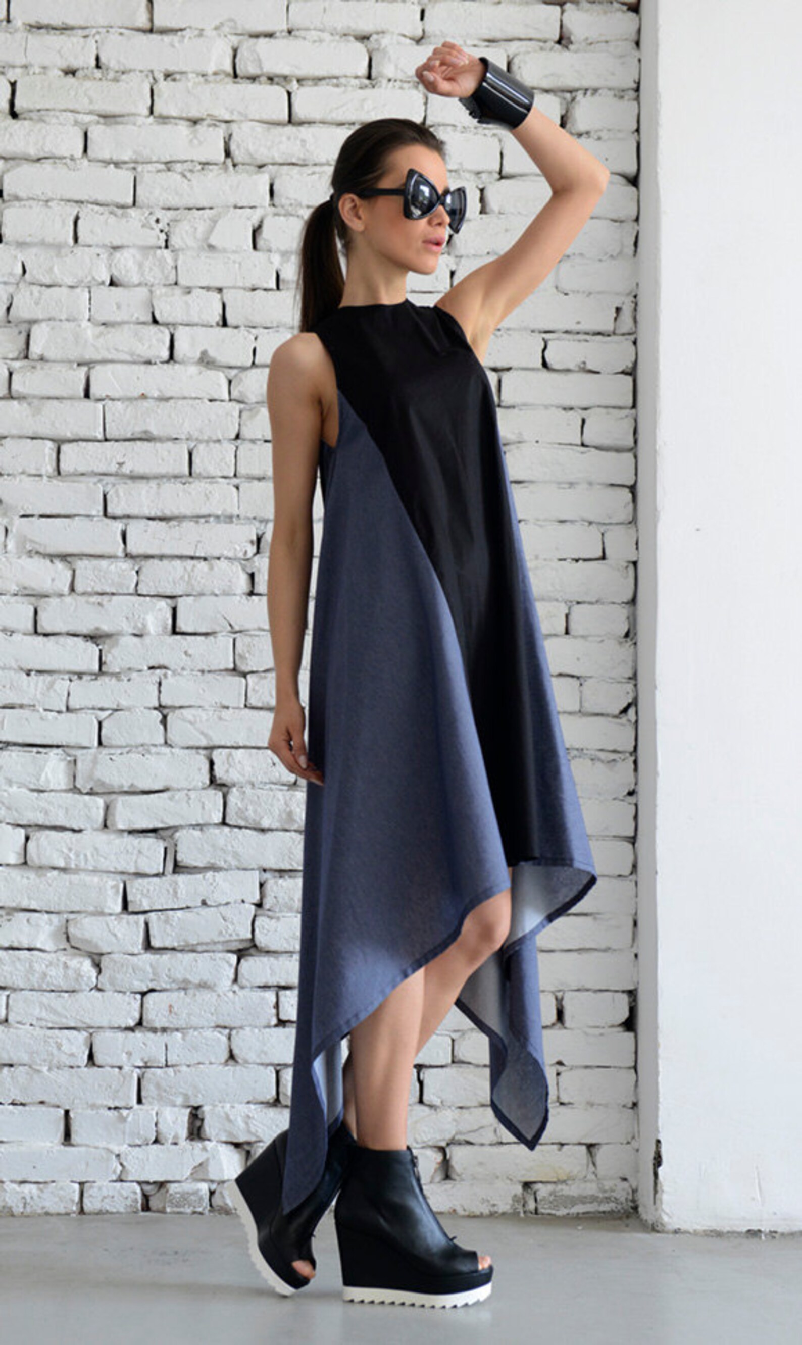 Sexy Asymmetrical Two Color Spring Dress/Denim and Black Long | Etsy