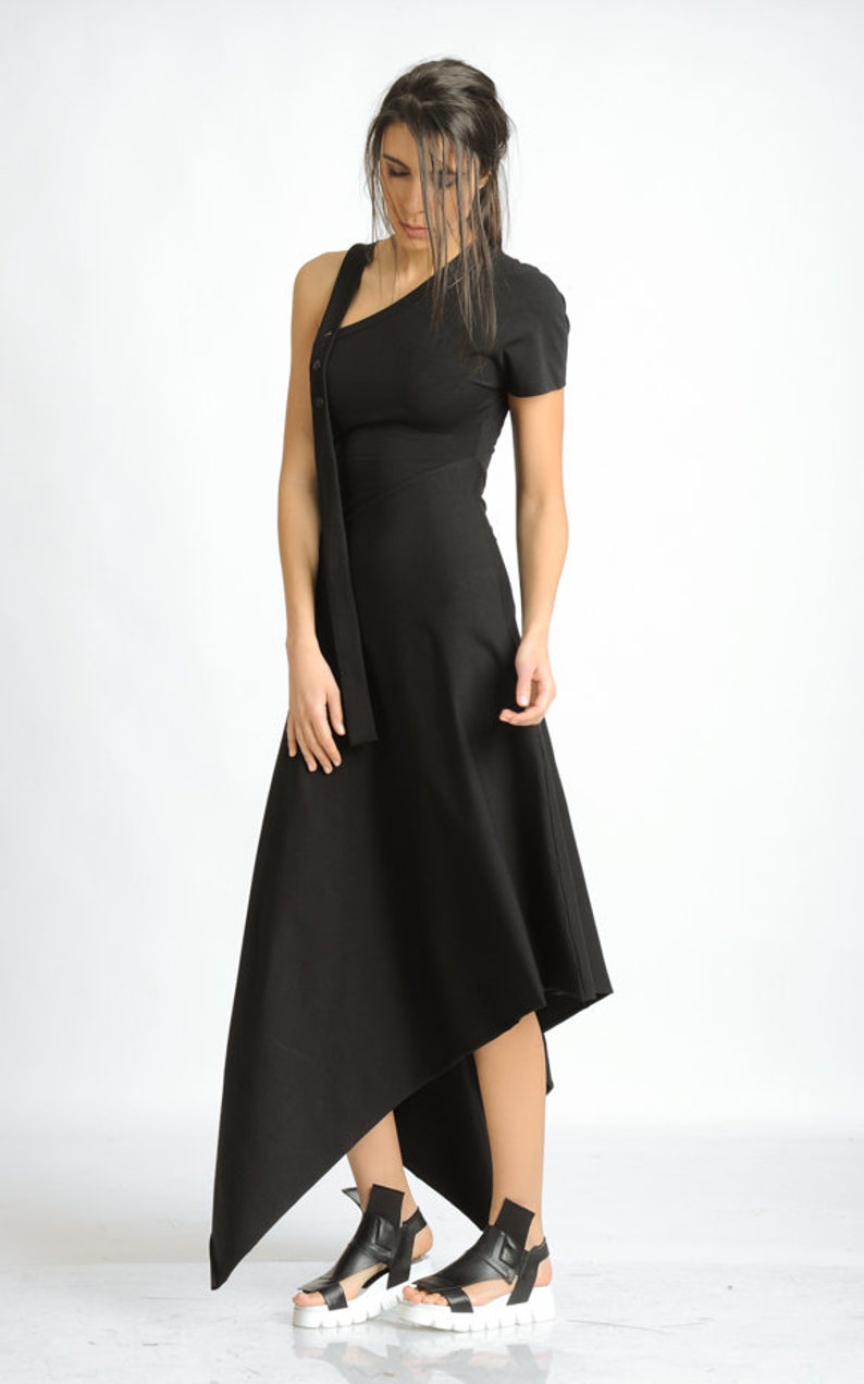Black Asymmetric Dress/Extravagant Loose Dress/Oversize Long Tunic with One Sleeve/Dress with Studs/Casual Black Dress METD0121 image 6