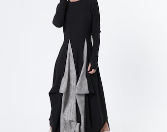 Two-Toned Dress With Thumbhole Sleeves - Long Draped Dress METD0243