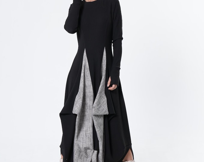 Two-Toned Dress With Thumbhole Sleeves - Long Draped Dress METD0243