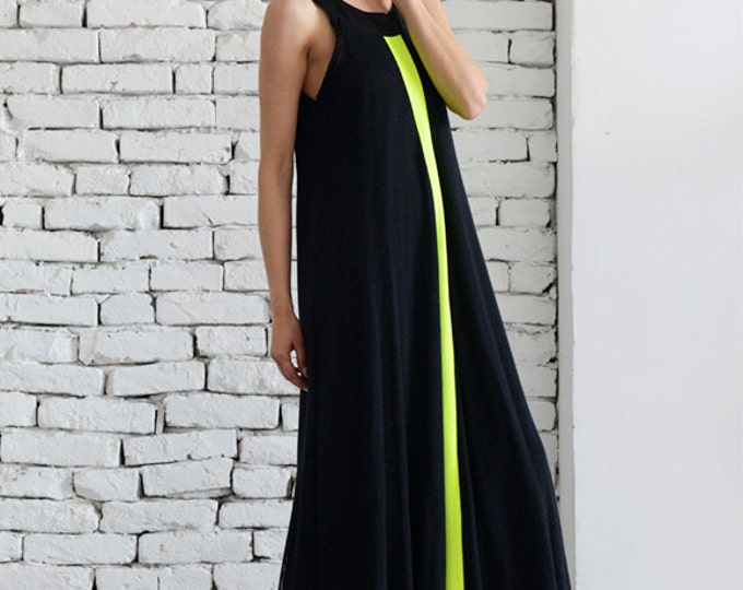 Maxi Black Dress / Loose Woman Dress / Neon Line Dress / Kaftan / Plus Size Maxi Dress / Black Maxi Dress/ Oversize Long Dress/ Evening Gown