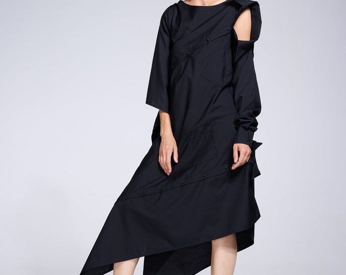 Extravagant Shirt Dress / Black Asymmetrical Dress / Avand Garde Clothing METD0201