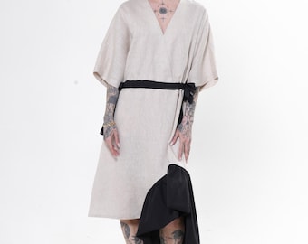 V-Neck Linen Midi Dress In Beige - Summer Kimono Dress METD0271