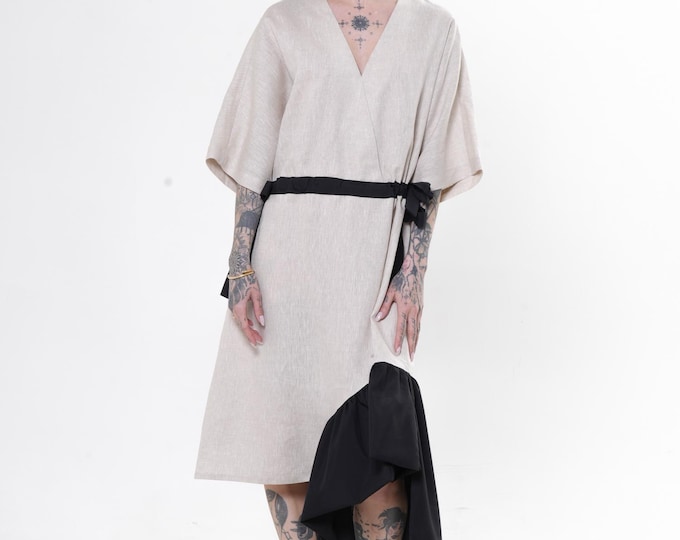 V-Neck Linen Midi Dress In Beige - Summer Kimono Dress METD0271
