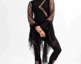 Extravagant Mesh Tunic / See Trough Sleeves Long Tunic Top / Avant Garde Long Black Top