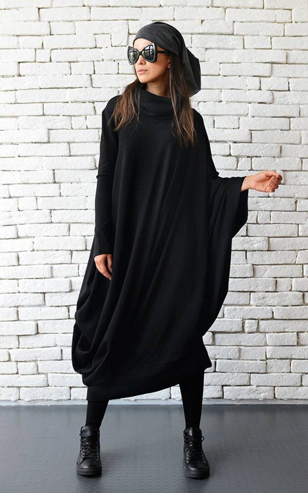 Knitted Oversize Dress / Maxi Loose Black Dress / Winter