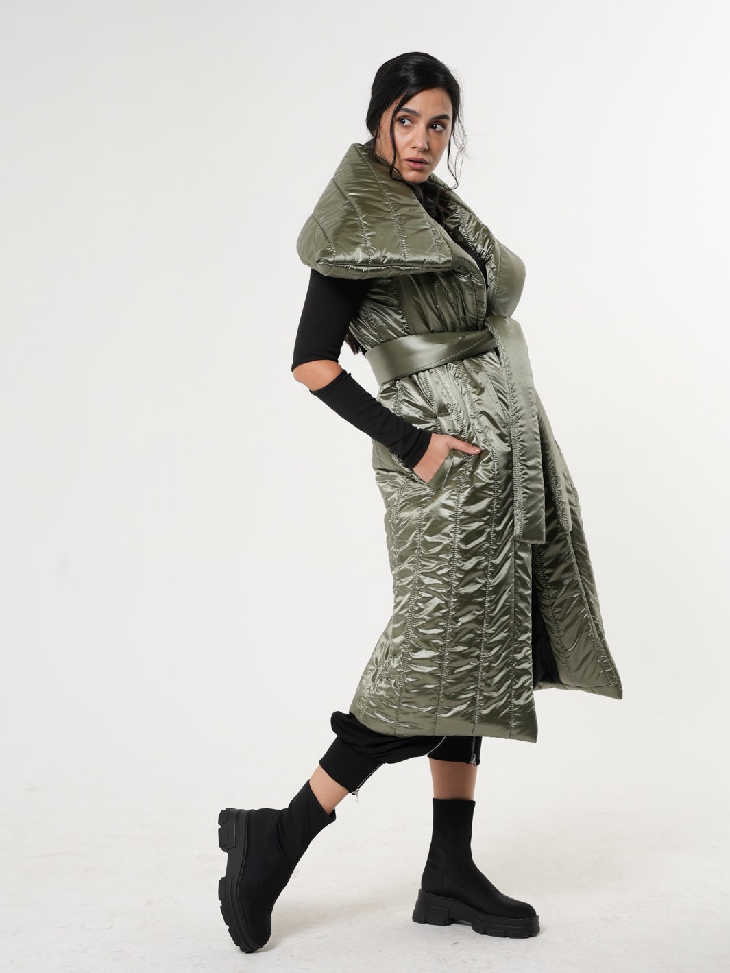 NEW Winter Vest / Sleeveless Coat / Long Puffer Coat / Puffy Vest / Puffer  Vest / Olive Green Vest / Shiny Vest