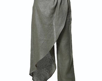 Asymmetrical Linen Pants: Khaki Wide Leg Trousers