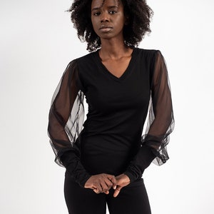 See Through Sleeves Top / V-Neck Top / Mesh Sleeves Blouse / Top With See Through Sleeves / Extravagant Blouse / Black Casual Top METT0218