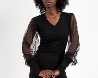 See Through Sleeves Top / V-Neck Top / Mesh Sleeves Blouse / Top With See Through Sleeves / Extravagant Blouse / Black Casual Top