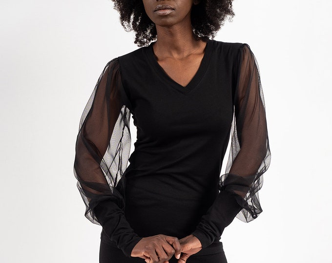 See Through Sleeves Top / V-Neck Top / Mesh Sleeves Blouse / Top With See Through Sleeves / Extravagant Blouse / Black Casual Top METT0218