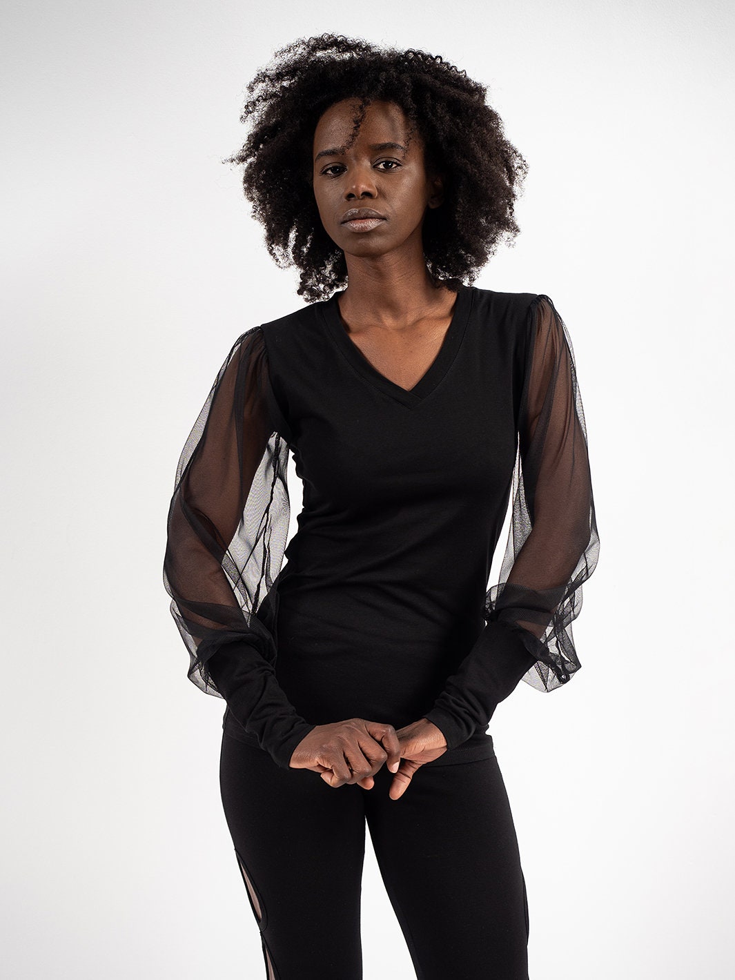 Black V-Neck Top with Sheer Mesh Sleeves