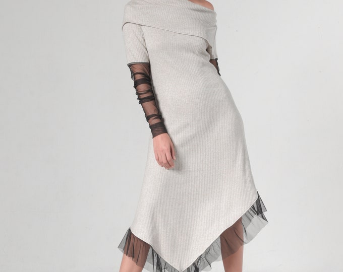 Asymmetrical Dress / See Through Sleeve / Extravagant Dress / Mesh Bodycon Dress / Winter Dress Women /Boho Bridesmaid Dress