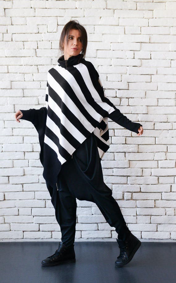 Black and White Asymmetric Top/Plus Size Poncho/Extravagant Alternative Tunic/Long Sleeve Turtleneck Top/Casual Stripe Blouse METT0091