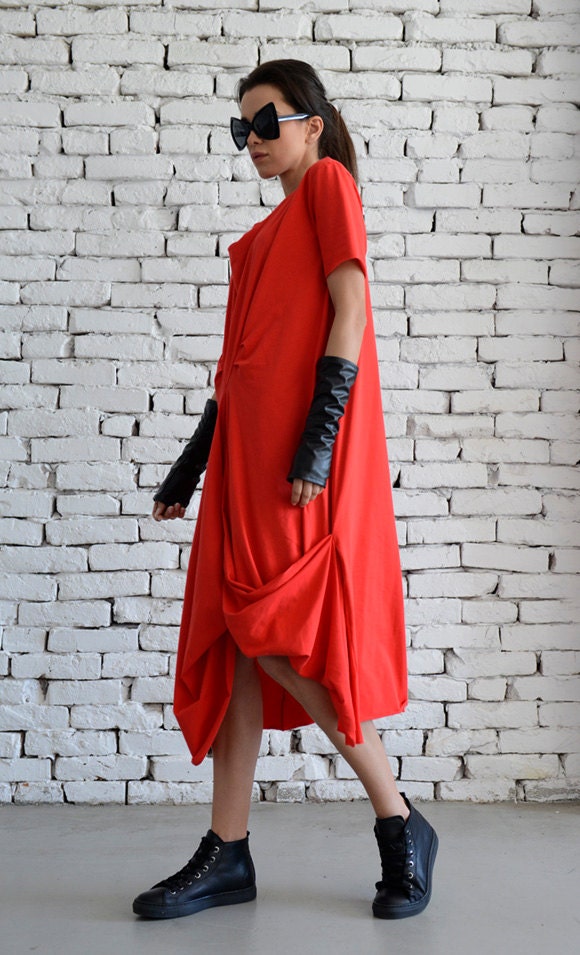 Red Casual Dress/asymmetric Draped Dress/short Sleeve Loose - Etsy