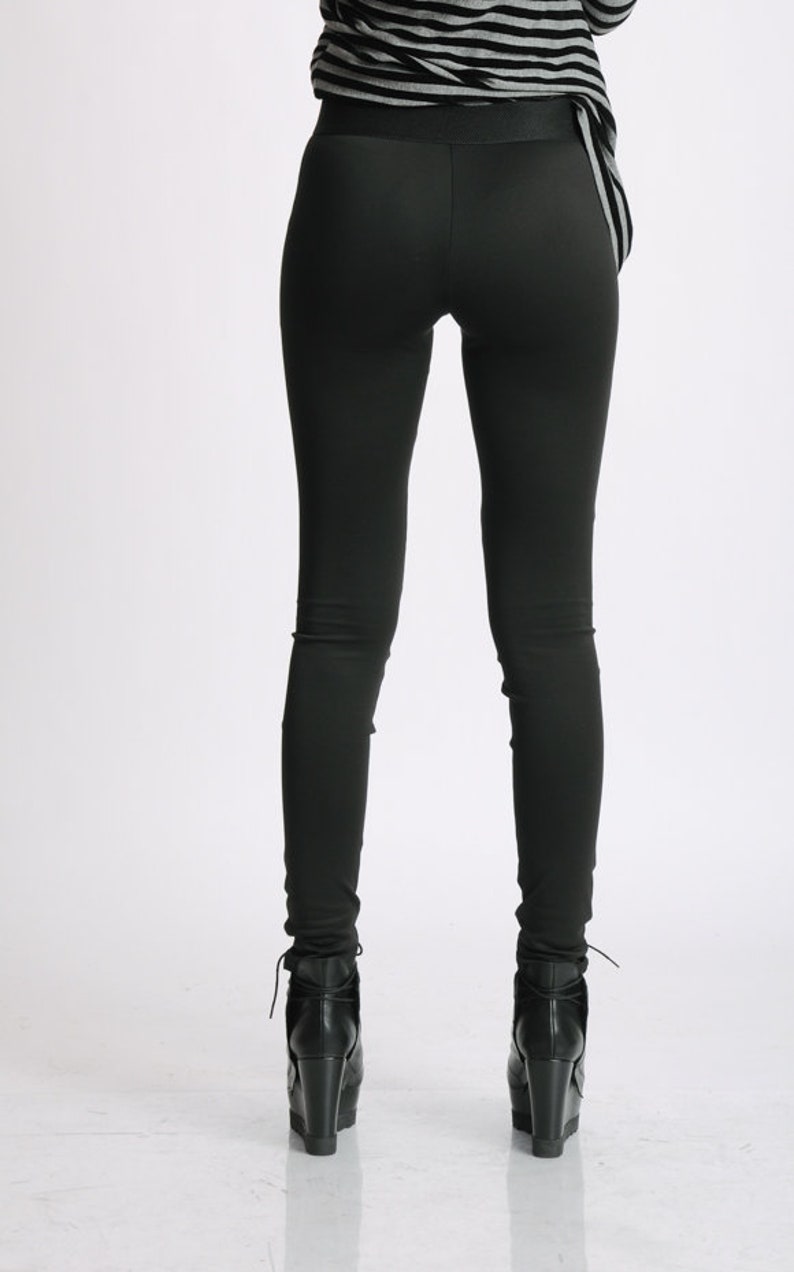 Black Extra Long Leggings/Faux Leather Front/Cotton Elastic Back/Black Leather Pants/Tight Fit Leggings/Eco Leather Pants/Casual Leggings image 5