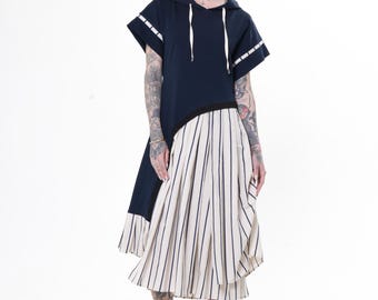 Hooded Asymmetric Dress with Striped Skirt In Blue - Casual Shortsleeve Dress METD0274