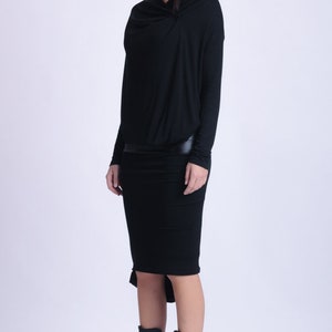 Black Party Dress / Asymmetric Dress with Long Sleeves / Faux Leather Dress / Little Black Dress / Cocktail Black Slip Dress METD0146 image 2