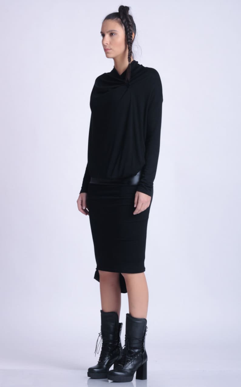 Black Party Dress / Asymmetric Dress with Long Sleeves / Faux Leather Dress / Little Black Dress / Cocktail Black Slip Dress METD0146 image 2