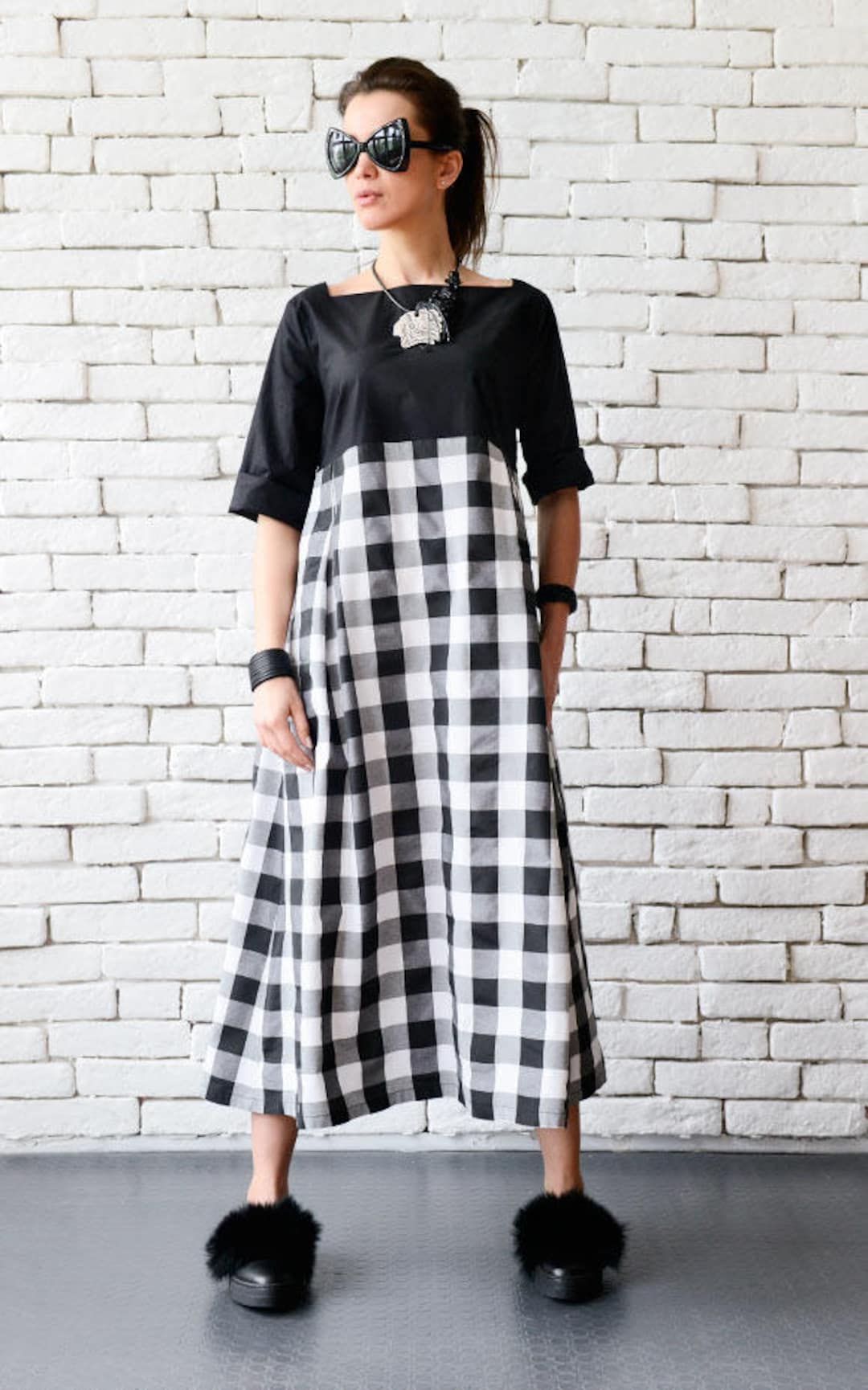 Black and White Maxi Dress/plus Size Dress/checked Oversize - Etsy Singapore