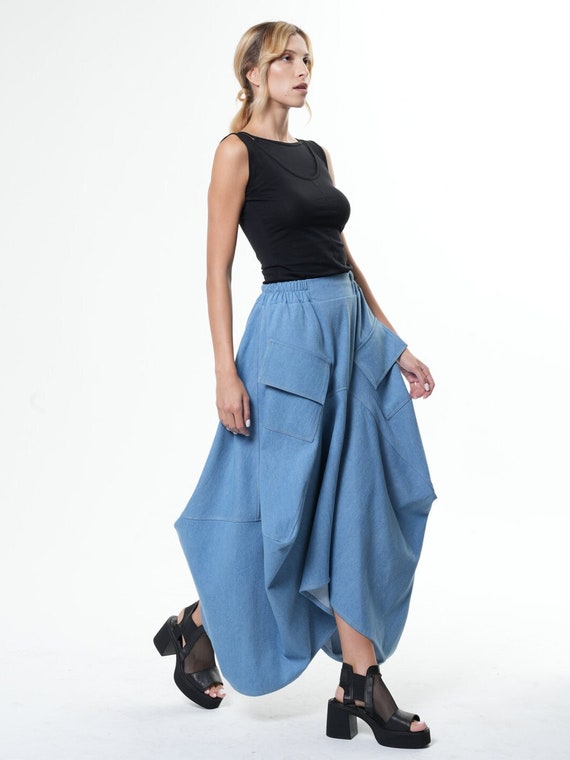 Extravagant Denim Skirt /  Asymmetrical Skirt / Maxi Jean Skirt METSk0040