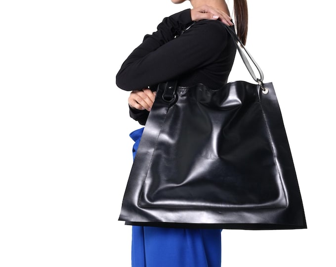 Oversized Black Leather Tote Bag / Large Leather Purse / Handmade Handbag METB0055