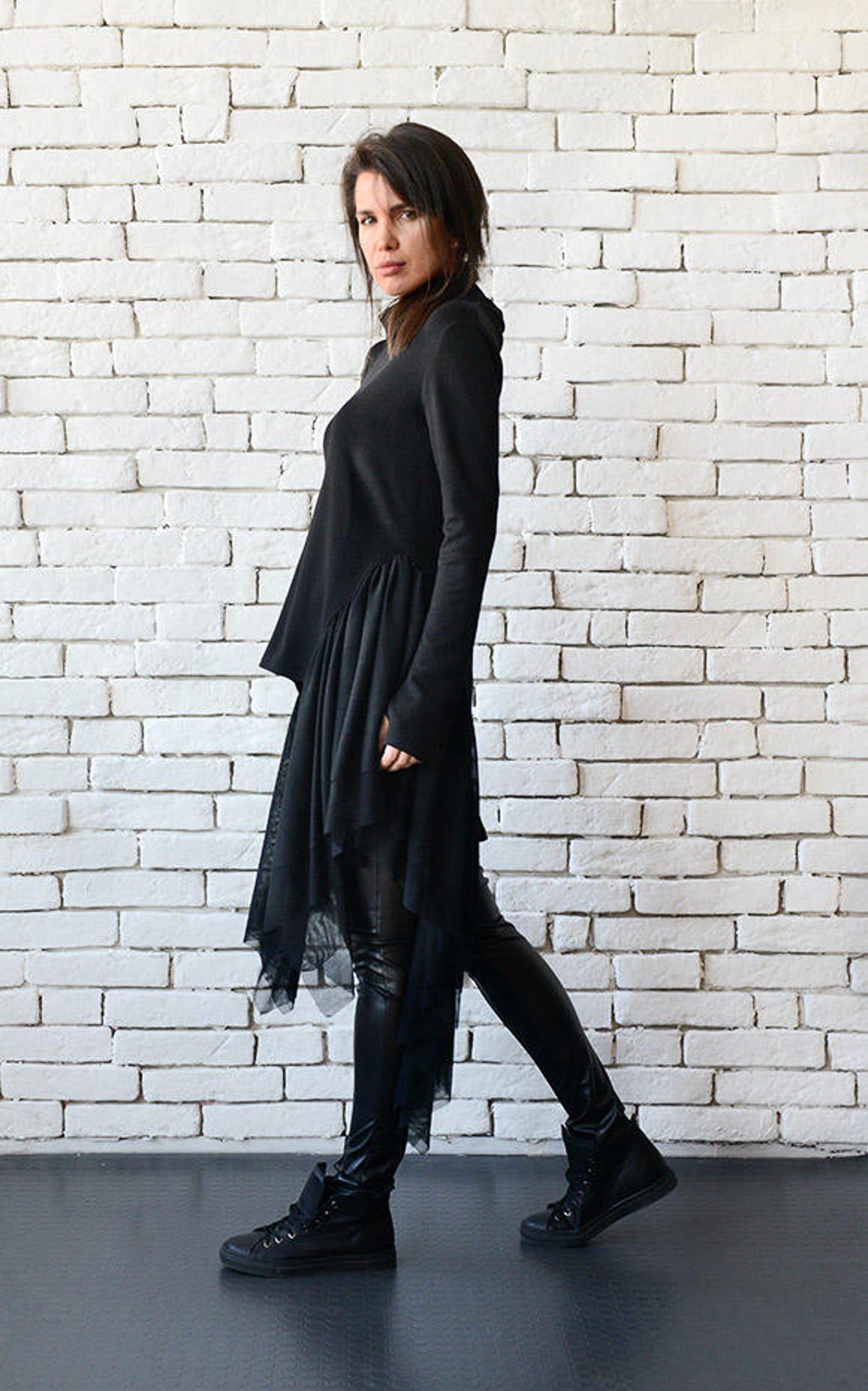 Black Asymmetric Tunic/extravagant Long Short Top/long Sleeve - Etsy