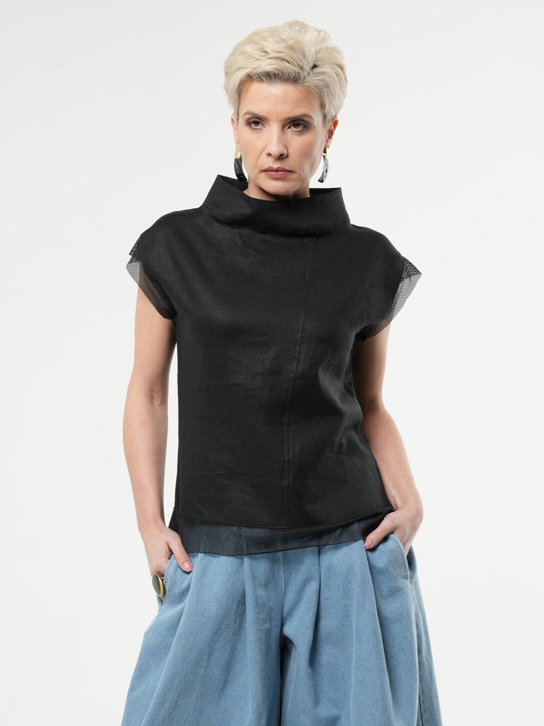 Turtleneck Linen Top / Black Linen Blouse / Casual Top With Mesh Details METT0258