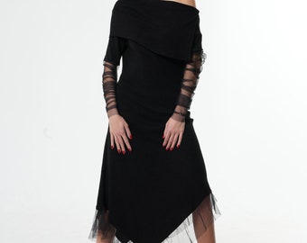 Extravagant Dress / Fall Party Dress / Mesh Black Dress / Knit Dress Women / Mesh Sleeves