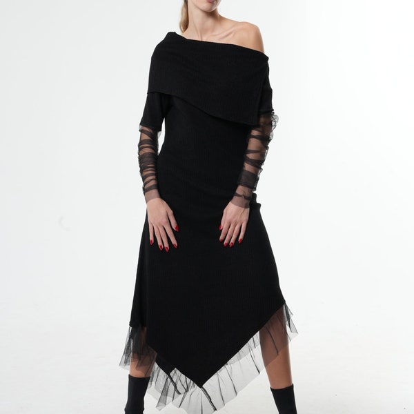 Extravagant Dress / Fall Party Dress / Mesh Black Dress / Knit Dress Women / Mesh Sleeves