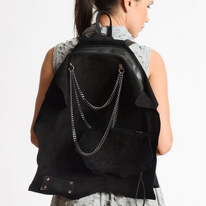 Black Suede Backpack/Extravagant Genuine Leather Handbag/Oversize Black Leather Purse/Handmade Leather and Suede Tote/Chain Black Bag image 2