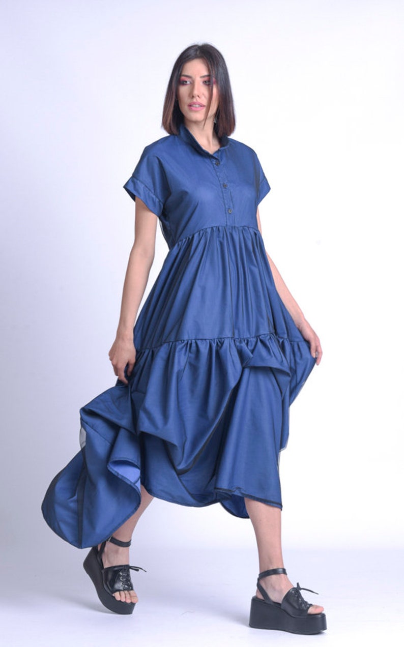 Blue Loose DressAsymmetric Casual Maxi DressOversize Short Sleeve DressPlus Size DressBlue Shirt DressHigh Waist Dress METD0154
