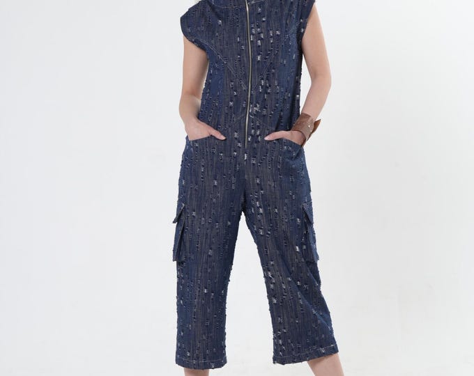 Distressed Denim Jumpsuit / Jean Overall  / Blue Denim One Piece - METJ0029