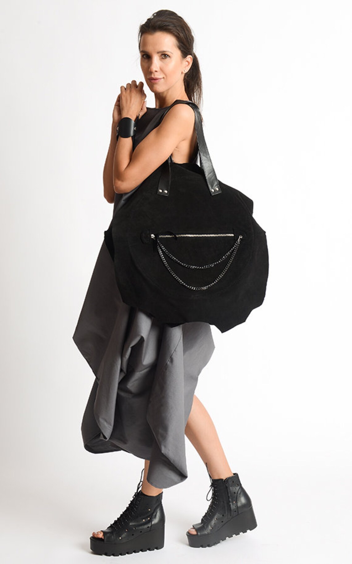Black Suede and Genuine Leather Bag/extravagant Circle Bag/black Maxi ...