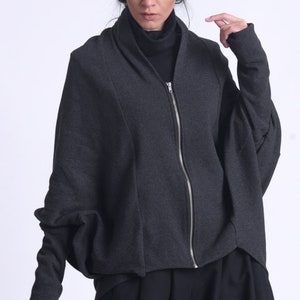 Plus Size Cardigan/Oversize Loose Jacket/Dark Grey Zipper Top/Long Sleeve Tunic/Grey Maxi Jacket/Short Casual Coat/Asymmetric Top METC0087
