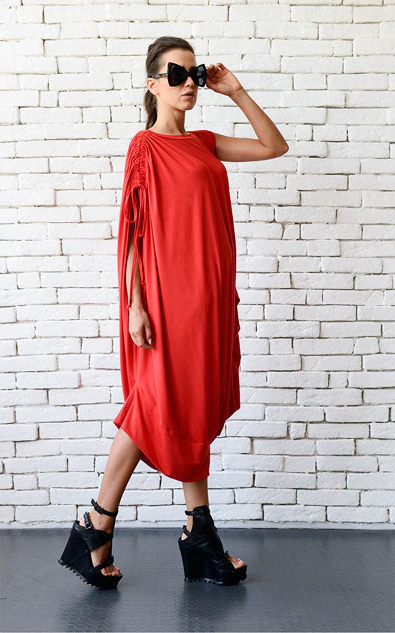 Red Loose Kaftan/Plus Size Maxi Dress/Asymmetric Tunic /Red Oversize Dress/Casual Everyday Dress/Summer Red Dress/Oversize Midi Red Dress image 8