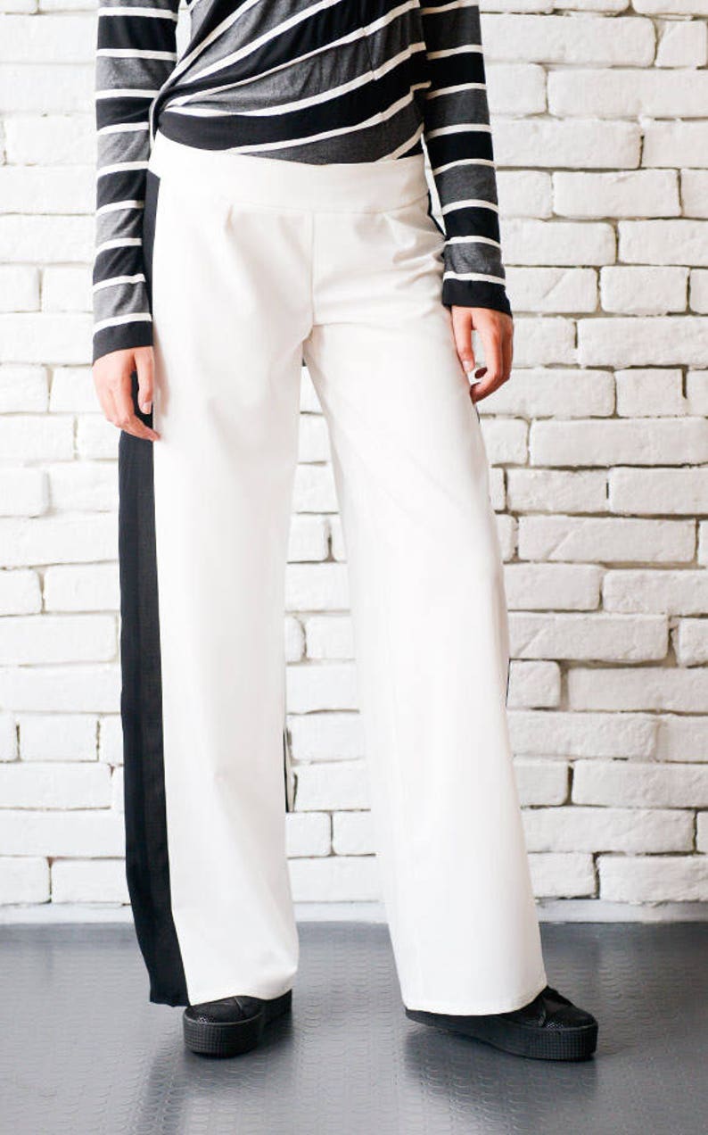 Loose White Pants/Black Line Pants/Long Elegant Trousers/Wide | Etsy