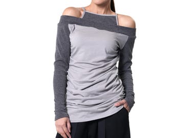 Open Shoulders Long Sleeve Top / Casual Top With Cold Shoulders / Long Blouse - METT0272