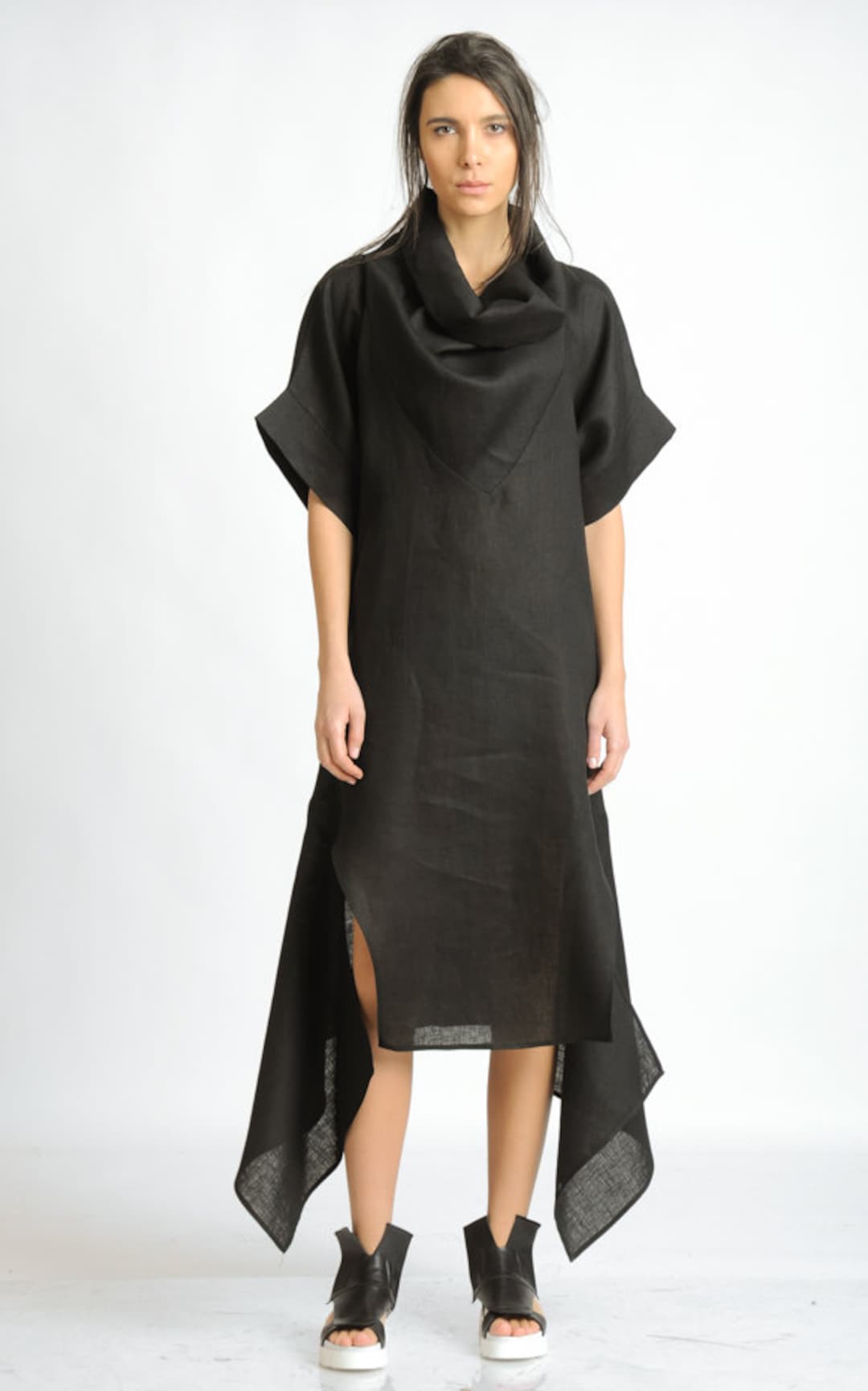 Oversize Black Linen Dress/plus Size Maxi Dress/casual Tunic Dress ...