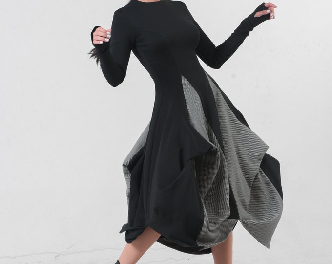 NEW Extravagant Dress / Thumb Hole / Black Midi Dress / Long Sleeve Dress / Boho Bodycon Dress / Engagement Dress / Festival Boho Dress