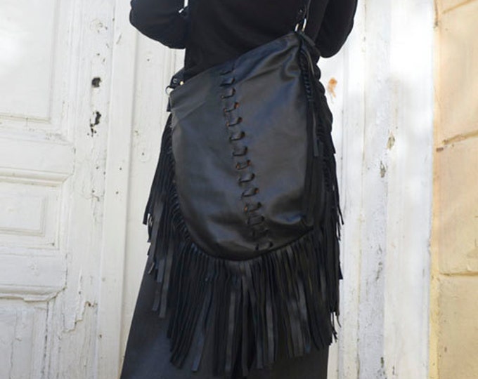 Maxi Black Bag/Fringe Leather Bag/Black Tote Bag/Genuine Leather Handbag/Extravagant Shoulder Bag/High Quality Tote Squire Large Bag