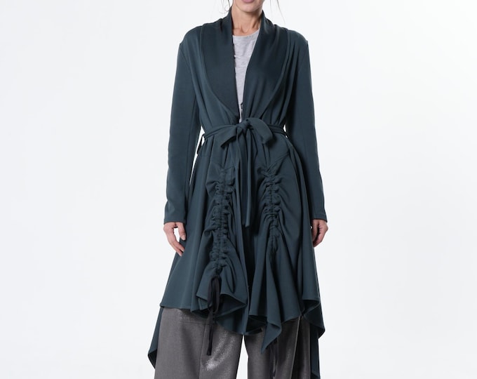 Long Belted Cardigan In Petrol - Draped Asymmetric Coat METC0160